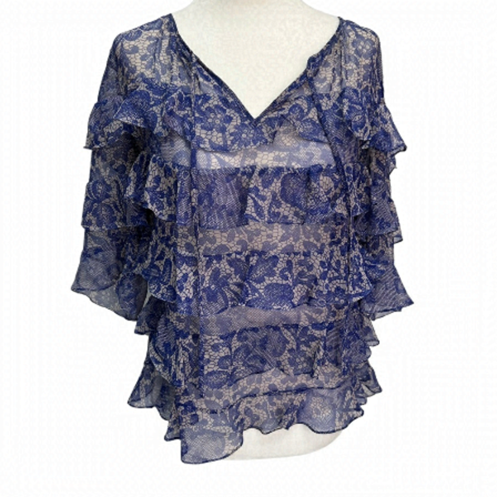 Rebecca Taylor Blue Silk Short Sleeve Ruffle Tie Front Blouse Size S